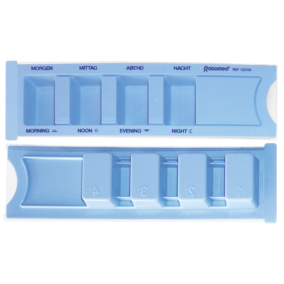 Medikamentendispenser ratiomed, blau, mit Beschriftung: deutsch/englisch,