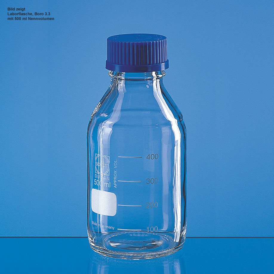 Laborflasche, Boro 3.3, 250 ml, mit Teilung, GL 45, mit Schraubkappe