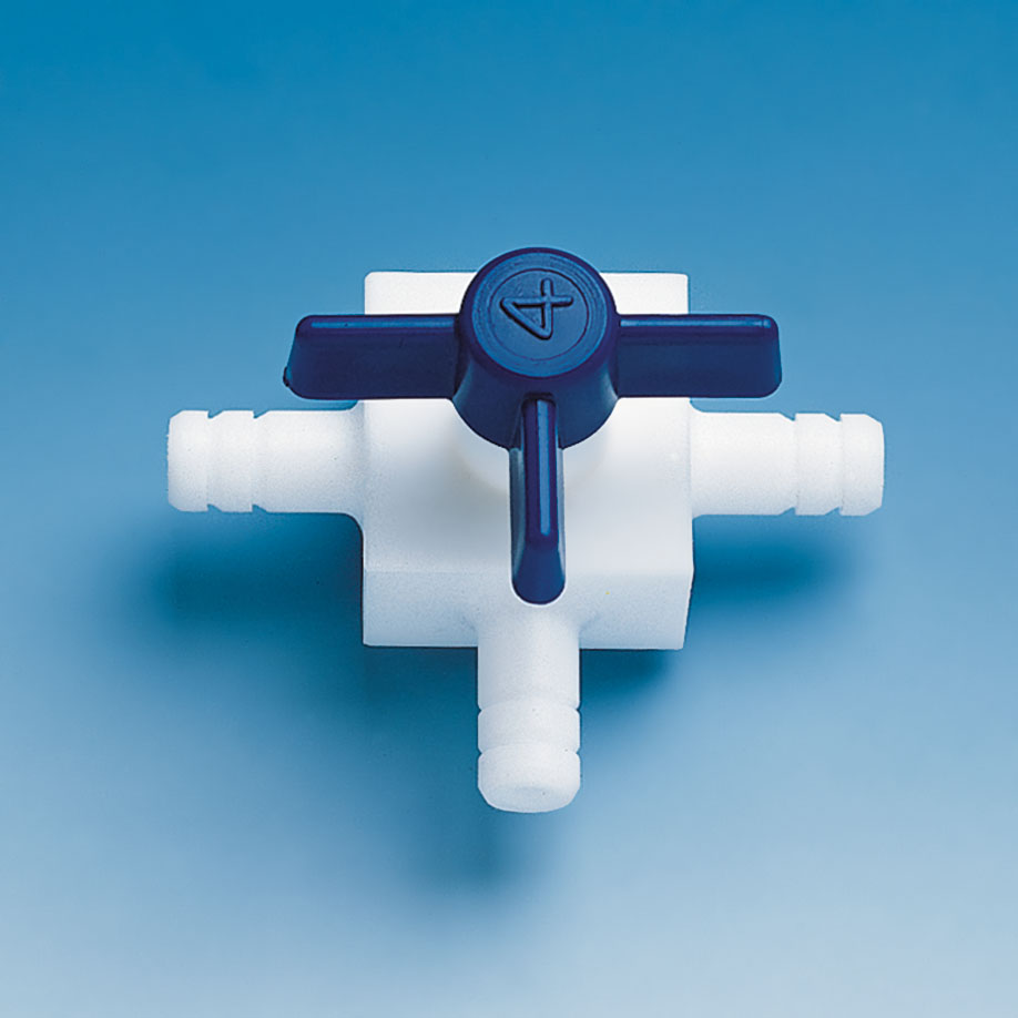 Dreiweg-Hahn mit Oliven, PTFE, für Schlauch-Innen-Ø 6 mm, Bohrung 3 mm