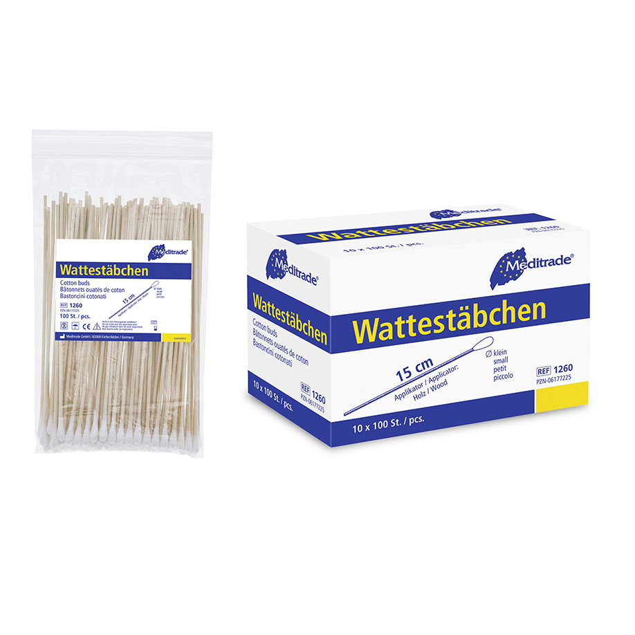 Wattestäbchen Holz, 15 cm lang, kleiner Wattekopf, ca. 12 x 5 mm