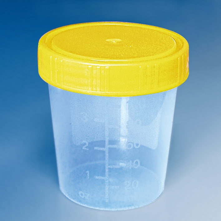 Urinbecher 100 ml mit Schraubdeckel gelb montiert, bestrahlt (5 Stck.)