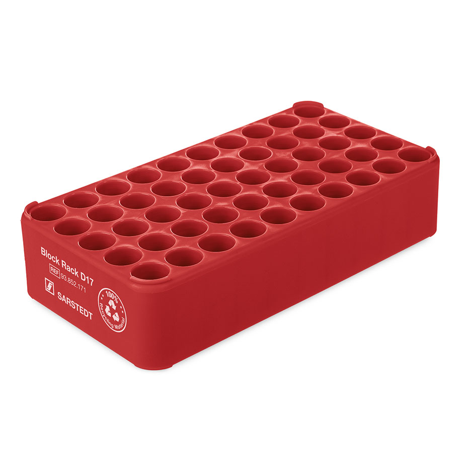 S-Monovette-Rack D 17, rot, 50 Bohrungen Ø 17 mm, ohne Griffe