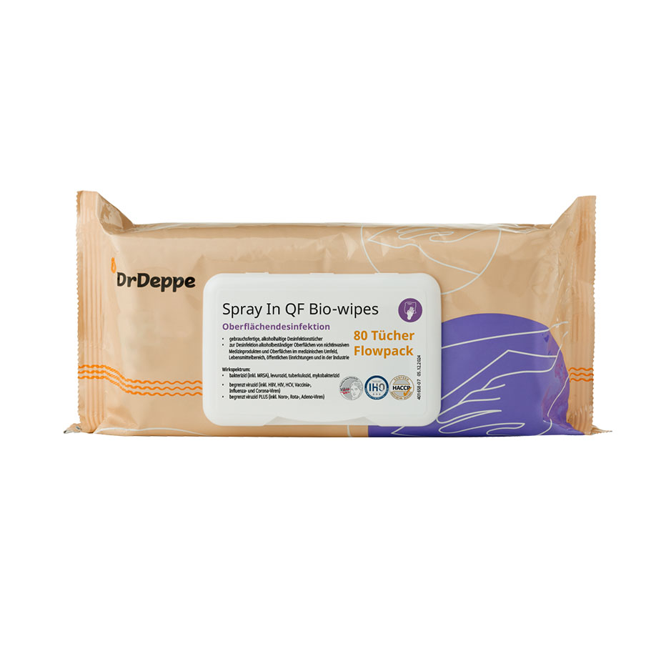 *Spray In QF Bio-wipes (80 Tücher) Flowpack, Flächendesinfektion -ausser Handel-/Alternative: DRD 601796