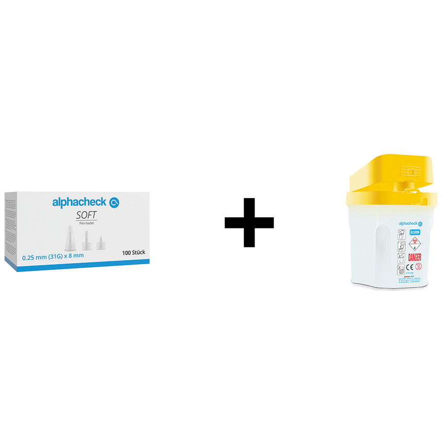 alphacheck soft Pen-Nadeln 8 mm mit alphacheck Entsorgungsbox 0,2 Ltr.